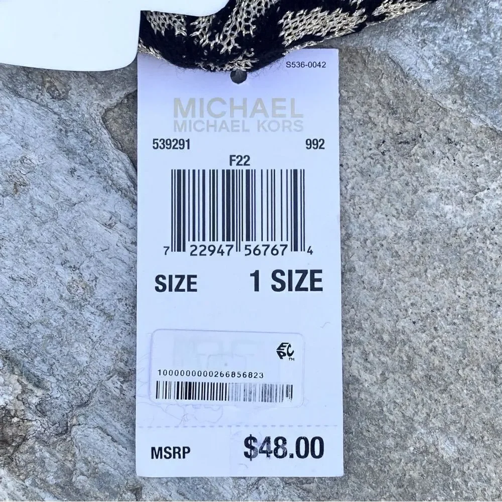 NWT New Michael Kors Black and Gold Metallic Leopard Print Logo Hat/Beanie OS